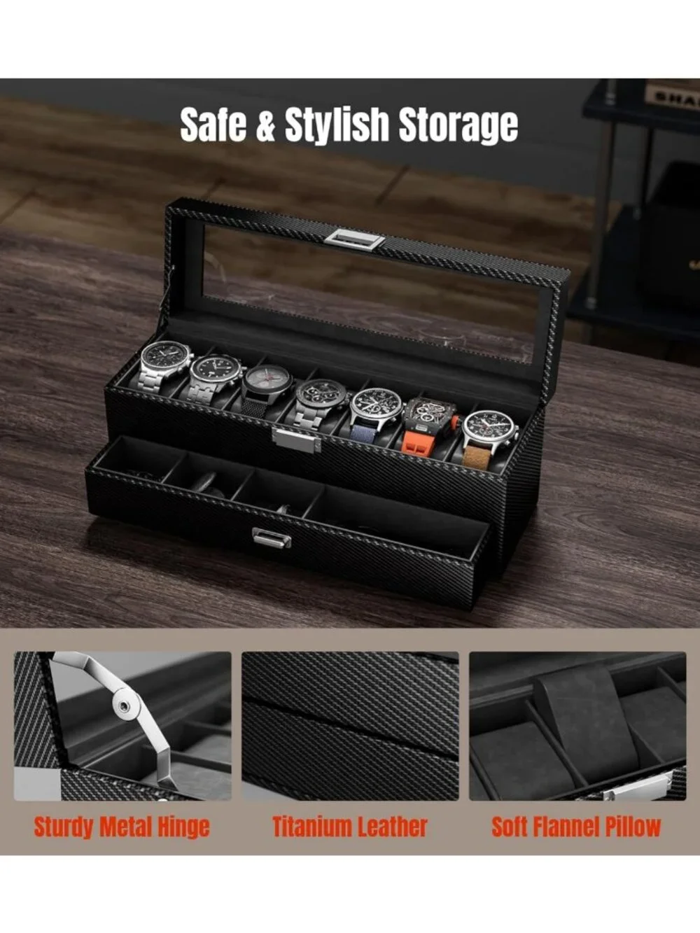 Men's Watch Case Box - 7-Slot Storage Organizer, Real Glass Display, Jewelry
